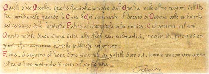 document historique sur le nom Maselli alias Masello
